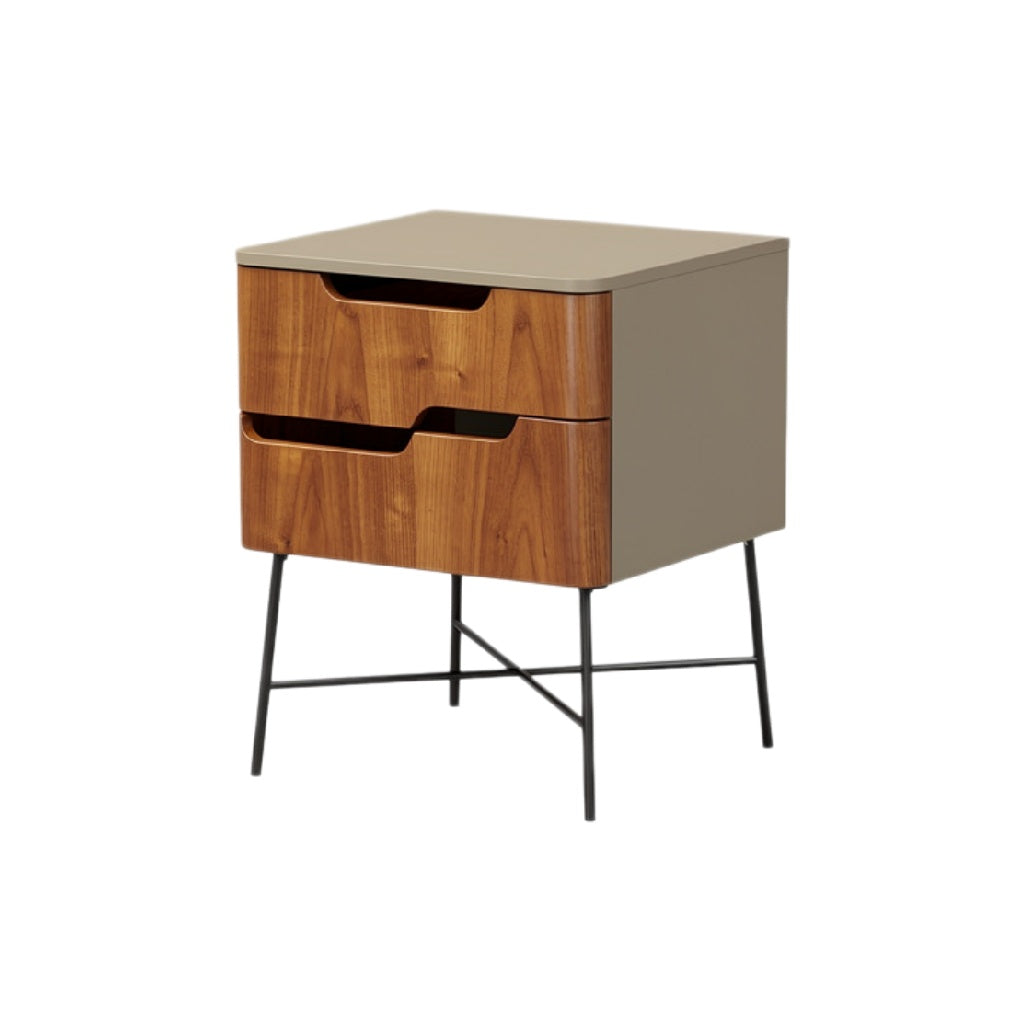 Stylish Wooden Nightstand with Metal Legs and Two Drawers