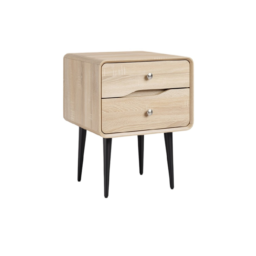 Modern Wooden Nightstand with Two Drawers and Black Legs